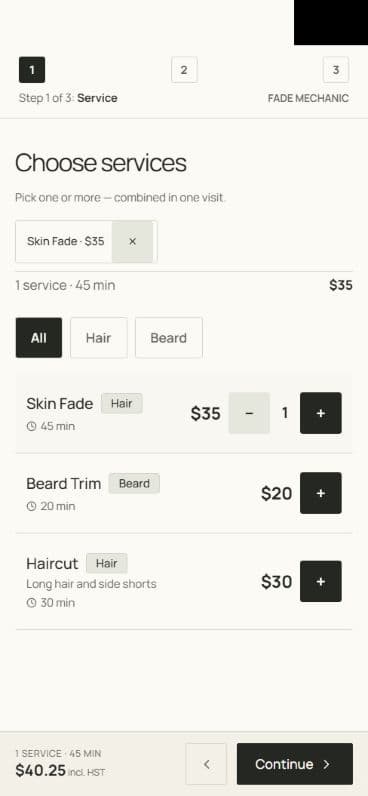 Fade Mechanic booking flow showing service choices
