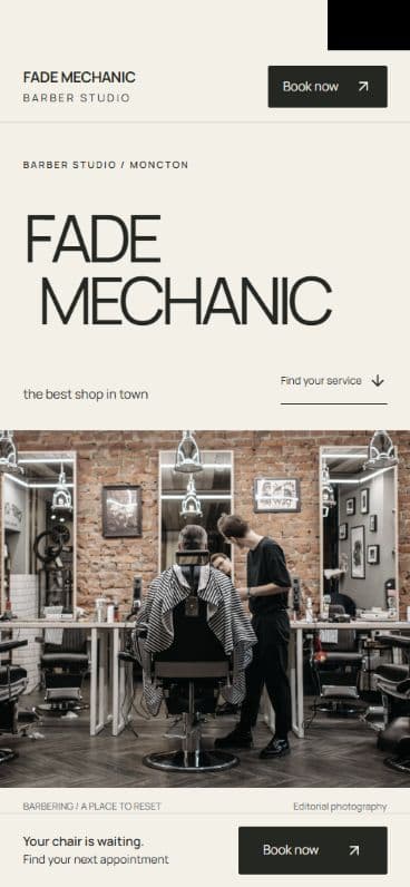 Fade Mechanic’s public shop page in the ClipWise booking experience