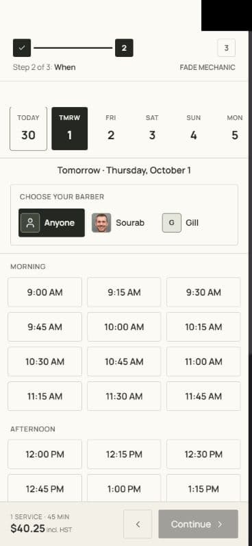 Fade Mechanic booking flow showing available times and barbers
